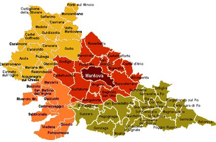 La provincia di Mantova nei 4 ambiti territoriali con in evidenza il capoluogo Mantova